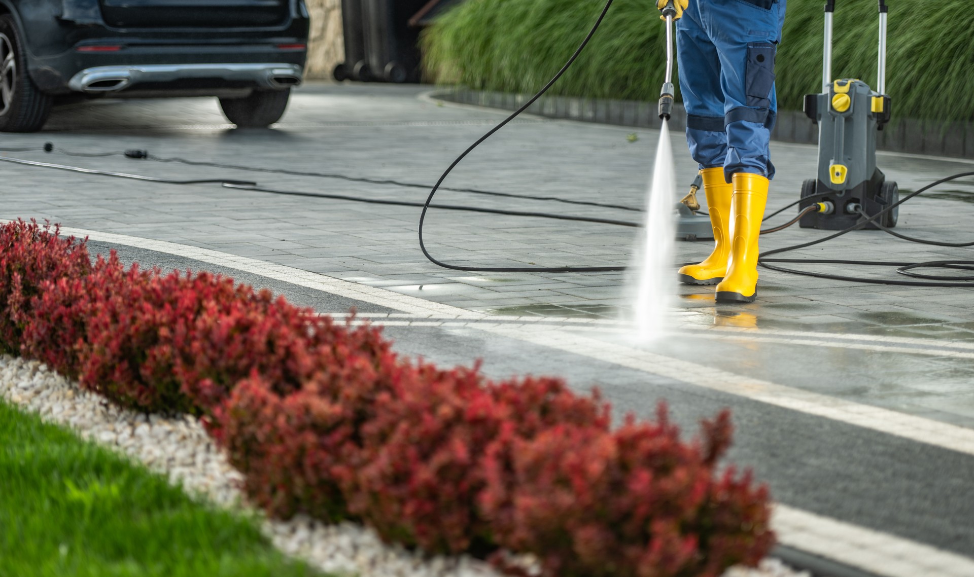 Worker Power Washing Residential Driveway